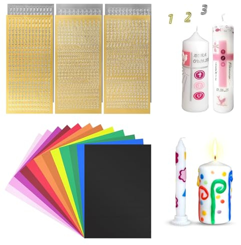 YOYEAH Set di 18 Pezzi di Candele Fai da Te 12 Colori di Piastre di Cera per Candele, 6 Pezzi di Lettere e Numeri di Cera, disegna Le tue Candele battesimali, Tatuaggi di Candele battesimali