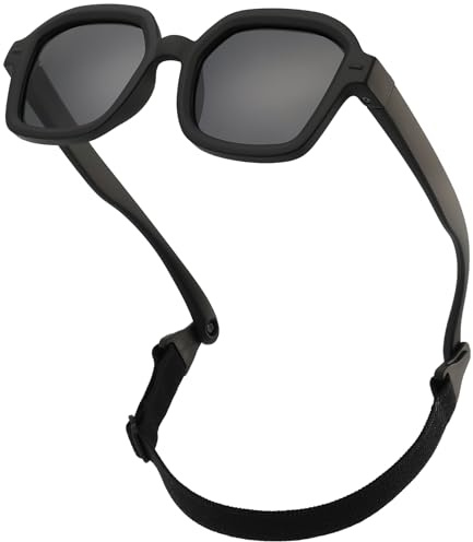 CIKJUK Occhiali da sole polarizzati per bambini, con cinturino – montatura quadrata in silicone regolabile, protezione UV, occhiali da sole per neonati 0 – 24 mesi, Nero