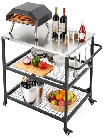 VEVOR Carro de Barbacoa para Exterior 800 x 610 mm, Superficie de Acero Inoxidable, Mesa de Barbacoa con 4 Ruedas, 2 Estantes de Malla y Asa Lateral, Mesa Auxiliar para Jardín, Picnic, Cocina, Patio