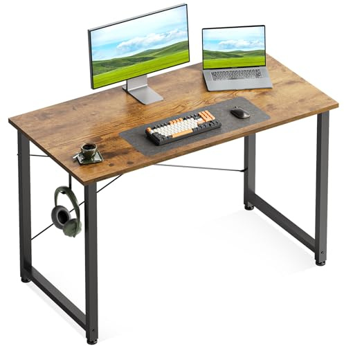 Casaottima 40 Inch Small Computer Desk for Home Office, Study Writing Table for Small Spaces, Simple Modern Desk with Headphone Hooks, Rustic Brown