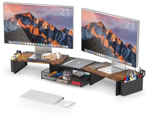 MOWETOO Support de Double Moniteur Réglable en Bois | Tiroir et 2 pièces Porte-Stylos,Rangement Multifonction pour PC Portable, Ordinateur de Bureau et Imprimante