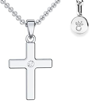 Amoonìc Kreuz Kette Mädchen echt Silber 925 | Kreuz-Anhänger Halskette | Kinder-Schmuck Erst-Kommunion Tauf-Geschenk Konfirmation Firmung Geburt Taufe | Silberkette Kreuzkette Taufkette Kinderkette