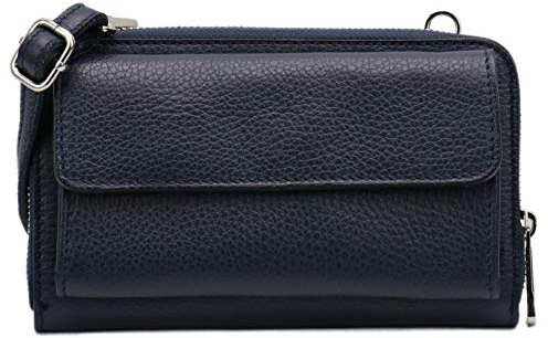 SH Leder Damen Handytasche Umhängetasche Geldbörse Multifunktion Beutel aus Echtleder Verstellbar Schultergurt Handy bis 6,7 Zoll 11,50x19cm Vera G368 (Dunkelblau)