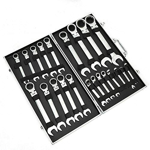 Futchoy Lot de 22 clés à cliquet articulées à cliquet - Jeu de clés mixtes - 6-32 mm - 22 pièces - Tête à cliquet pivotante à 180°