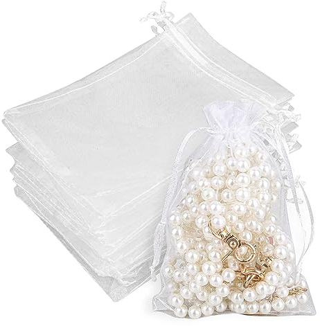 Organzabeutel Hochzeit Beutel, Organzasäckchen 10x15, Säckchen zum Befüllen Organza, Kleine Säckchen Weiß, Geschenkbeutel Schmuck Säckli, 100 Stück mit Kordelzug für Festival Süßigkeiten Party