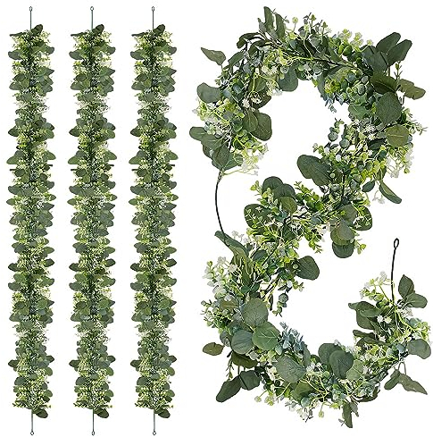 suokoun Eukalyptus Deko, 4 Packungen 1,5 m Lange künstliche Eukalyptus Girlande mit weißen Babyatem-Blumen, künstliche Hängepflanze für Hochzeitsstrauß, Blume, Heimdekoration