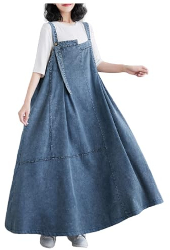 Robe en Jeans Jupe Salopette Femme Grande Taille Maxi Robe Été Vintage Robe en Denim Chic et Élegant Jarretelles Jupe Longue Robe Avec Boutons Salopette Longue à Bretelle sans (05-Bleu Clair, XXL)