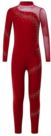 Vxuxlje Gymnastikanzug Mädchen Langarm Ganzkörper Glitzer Turnanzug Patchwork Ballett Strass Trikotanzug Tanzbody Voltigieranzug Akrobatik Anzug Burgundy 146-152