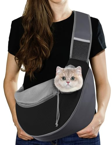Pawaboo Zaino per Cani e Gatti, Contenitori da Trasporto per Cani, Trasportino da Passeggio con Cordino Regolabile, in Rete Traspirante e Comoda Tracolla, con 3 Tasche, Taglia S, Grigio Scuro + Nero