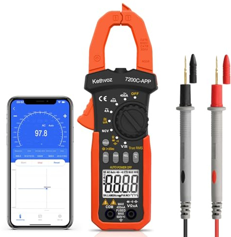 Bluetooth Stromzange Clamp Meter, Kethvoz 4000 Counts TRMS Zangenmultimeter Auto Range Messung 0-400A DC/AC Strom Spannung Ohm Kapazität Durchgang NCV, Digitale Zangenamperemeter