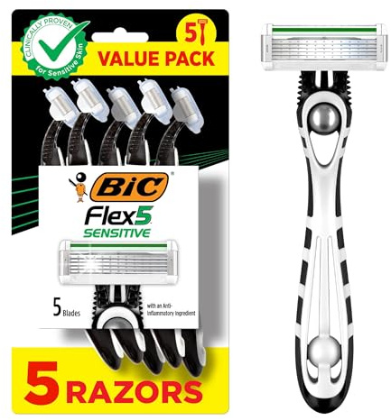 BIC Flex 5 Sensitive - Maquinilla de afeitar desechable para hombre, paquete de 5 unidades