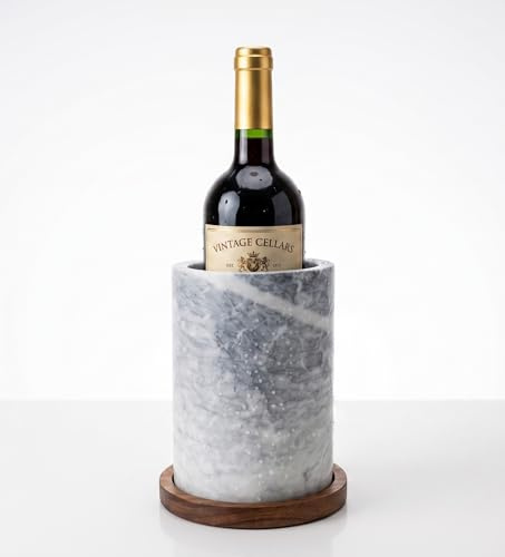 Raffreddatore per vino in marmo bianco con base in legno di acacia, diametro 12,7 cm, altezza 17,8 cm, elegante refrigeratore in marmo naturale con fondo in velluto, base in legno morbido imbottito