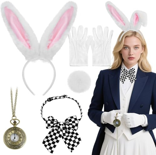 Xanthelle Disfraz de Orejas de Conejo, Set de Accesorios de Conejita de 5 Piezas con Diadema, Lazo, Cola, Guantes y Reloj de Bolsillo para Mujeres y Cosplay