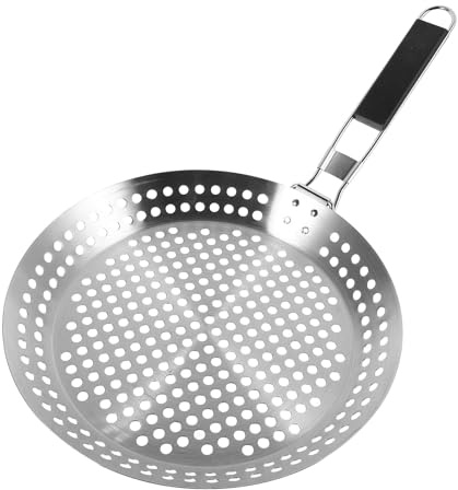 Gatuida Poêle à Barbecue Ronde 430 INOX 10 MM Poignée ABS Antidérapante Plaque de Cuisson Extérieure Multifonction pour Grillades Passoire à Légumes Camping et Pique-Niques