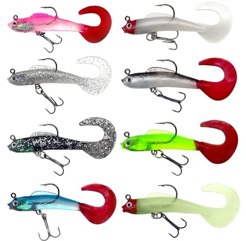 Fishing Lures Set, 8 Pcs Fishing Lures with Hook, Soft Tail Silicone Swimbait Lures Set, Multicolour Fishing Bait Set for Sea Bass, Trout, Perch, Mackerel