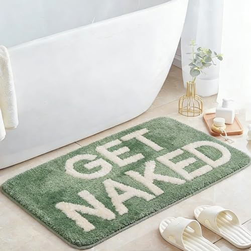 YUESIKJ Badezimmerteppich “GET Naked” Bunt Badematte rutschfest 40 x 60cm Waschbar Badteppich “GET Naked” Bath Mat Spaßig Badvorleger für Dusche WC Deko, Saugfähig Badvorleger (Grasgrün)