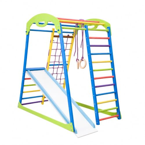 Niños en casa de madera parque infantil con tobogán de deportes Sky Red de escalada anillos pared de escalada