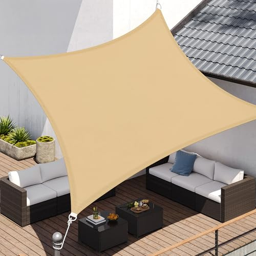SONGMICS Vela de Sombra de 3 x 5 m, Impermeable con Columna de Agua de 665 mm, Protección Solar, Protección UV 93%, Terraza, Jardín, Balcón, Rectangular, Cuerdas de 2 m, Amarillo Arena GSH35EY