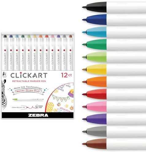 Zebra Pen CLiCKART Retractable Felt Tip Pen, Assorted Ink Colors, 0.6mm Fine Point, Moisture Absorbing to Prevent Drying Out, No Bleed, Ideal for Journaling, Drawing and Writing, 12-Pack (69012)