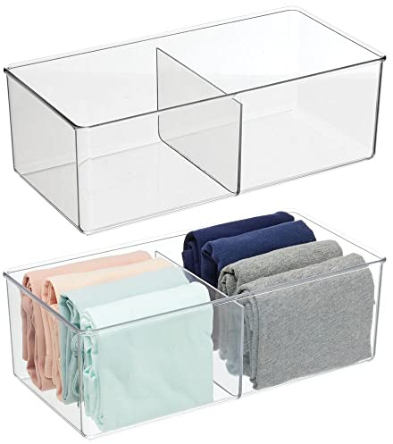 mDesign Storage Box with 2 Compartments - Practical Bedroom Storage Box - BPA Free Plastic Clothes Box - 6 x 12 x 4 - Set of 2 - Clear