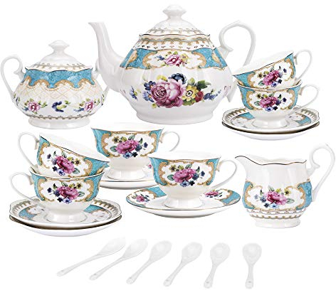 fanquare 15 Stück Englisch Türkis Porzellan Tee Sets,Vintage Rose Blumen Keramik Kaffee Set,Hochzeit Tee Service für Erwachsene