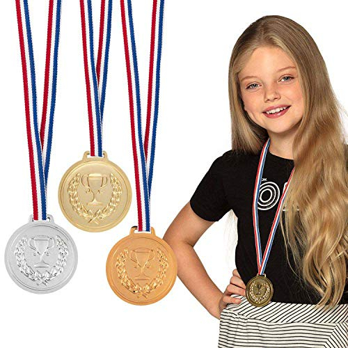 Boland 30841 - Medaillen Set, je 6 cm, 3 Podiumsmedaillen mit Halsband, Gold, Silber, Bronze, Trophäe, Sieg, Spielzeug, Sport, Mottoparty, Geburtstag