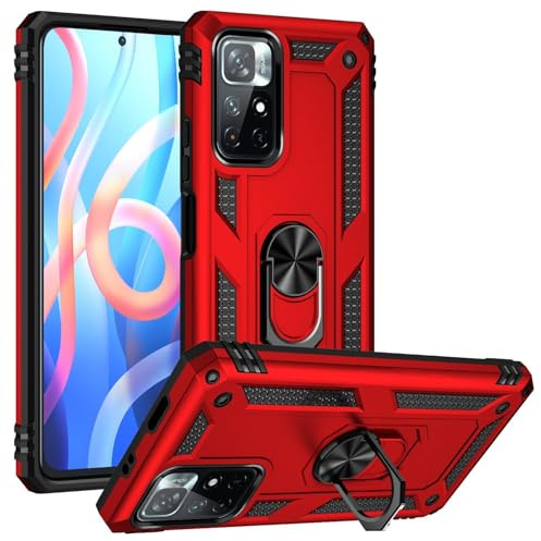 Coque pour Xiaomi Poco M4 Pro 5G/Redmi Note 11T Housse Antichoc avec Anneau Rotatif Aimant 360 Degrés Etui Magnétique Rigide Dure Armure Bague Support (Xiaomi Poco M4 Pro 5G/Redmi Note 11T, Rouge)