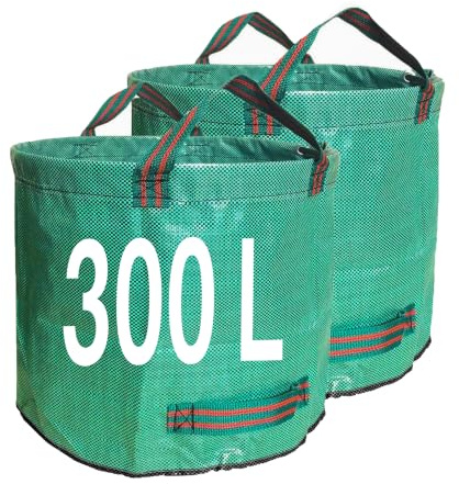 Singwow 300L Heavy Duty Garden Waste Bags, Reinforced Base Edge, 2 Pack | 140 g/m² woven PP bags with support hoops and four handles for medium garden cleanup, leaves and hedge trimmings.