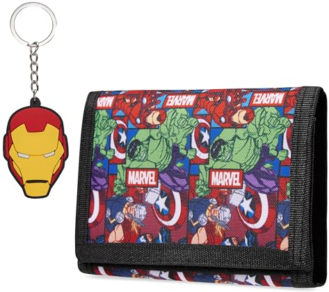Marvel Boys Wallet and Keyring Gift Set - Avengers Trifold Wallet with Coin Purse Card Slots and Keychain - Boys Gifts (Multi Avengers)