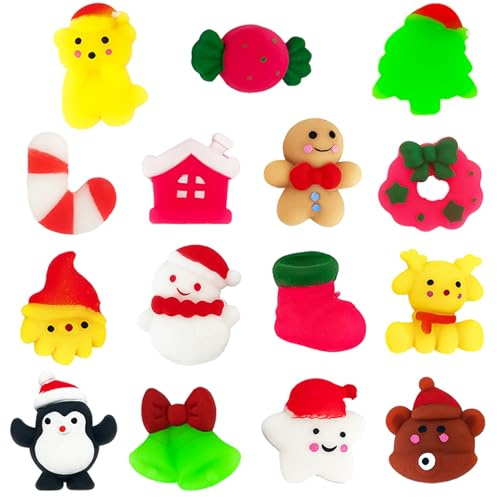 POPOYU 15Pièces Noël Kawaii Mochi Squishy Toys,Mignon Animaux Squishy Anti Stress Enfant,Mini Squishies Soft Squeeze Jouet,Cadeau Halloween Noël Pâques Anniversaire Invites Pochette Surprise Enfant