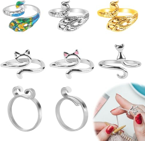 8 Stück Häkel Ringe zum Handarbeiten, Verstellbare Strickschlaufe Garnführungsring Häkelspannring Geflochtener Ring Strickhut für Häkelliebhaber Mutter Großmutter (3 Stile)