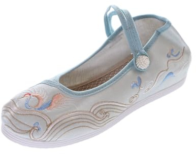 BJ-004 Ljusblå kranik-fågel moln satin broderad vintage hampu rem ballerina kinesiska tyg skor, blå, 41 EU Schmal
