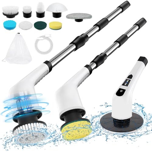 Gmiigu Elektrische Reinigungsbürste, Electric Spin Scrubber schnurlos Einstellbarer Griff mit 9 austauschbaren Bohrbürstenköpfen, 210 Minuten Laufen verstellbarem Griff für Bad Küche Fußboden (Weiß)
