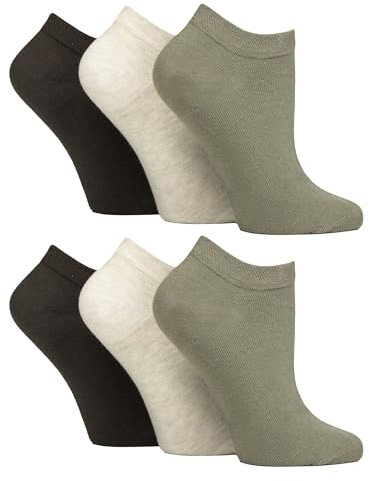 Gentle Grip - 6 Pairs Diabetic Trainer Socks for Women | Non Elastic Soft Top Extra Wide Ankle Socks (4-8, Khaki/Forest/Cream/Grey)