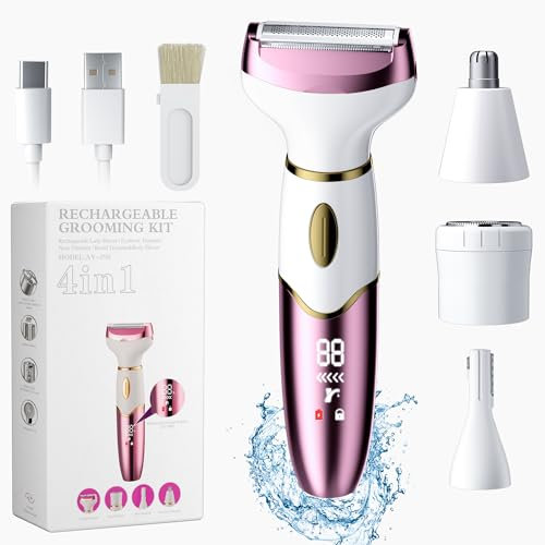 PKBD 4 in 1 Painless Electric Bikini Trimmer Lady Shavers for Women, Women Razor for Body, Legs, pubic Hair and face, IPX7 Waterproof & Rechargeable,Portable Wet and Dry, Pink