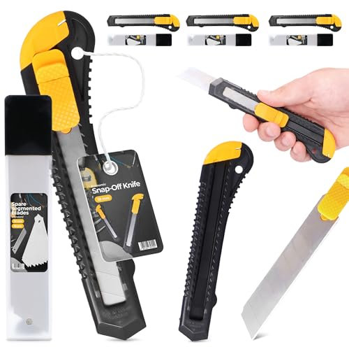 3x Couteau Tapis 18 mm Cutter Couteau À Paquet Carton Feuille Lame Métallique À Film Universel Professionnel Multi-Usage Multifonctionnel Précision Avec 33x Lame