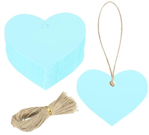 sourcing map 100 etiquetas de regalo de papel kraft con cuerda, 2.2 x 2.6 pulgadas, etiquetas colgantes en blanco en forma de corazón, etiquetas de regalo azules para etiquetas de precio, Navidad,
