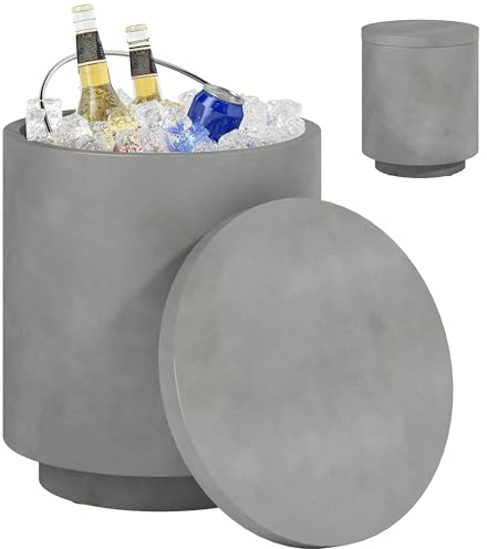 HOMCOM Tavolino Multiuso 3 in 1 con Secchiello Ghiaccio Rimovibile da 10 L e Coperchio, Tavolino da Esterno in Cemento e Acciaio Inox, Ø37.5x43.5 cm, Grigio Chiaro