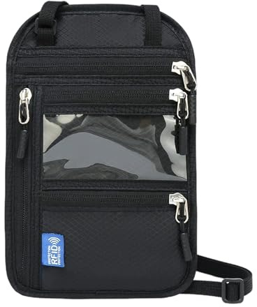 Makoto Nobu Pochette Tour de Cou Voyage Bloqueur RFID, Étanche Portefeuille Voyage Passeport pour Femme Homme avec Bandoulière Réglable pour Argent Billet Cartes Clés, Noir