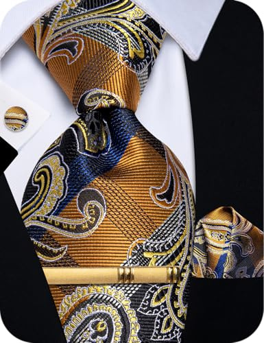 YourTies Gold Blue Tie for Men Paisley Silk Necktie Pocket Square Cufflink Tie Clip Set Wedding Party Business Formal