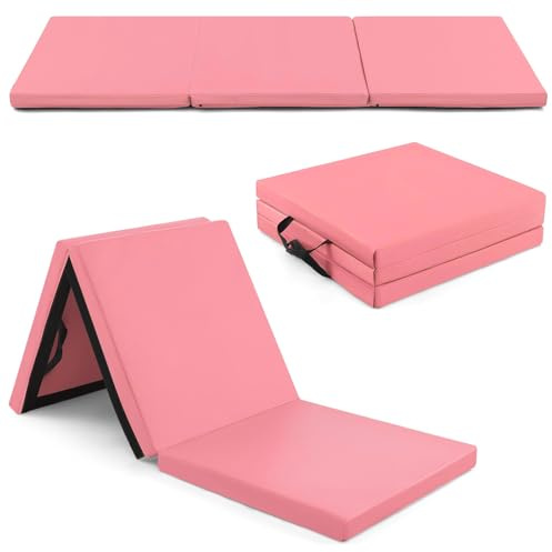 GYMAX Tapis de Gymnastique Épais Pliable 180x60x5cm, Combinaisonable avec Attache Auto-Agrippante, Housse en Simili Cuir, Portable avec Poignées de Transport, pour Yoga, Fitness, Étirement(Rose Chaud)