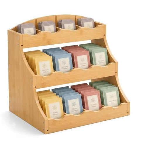 aghoer te förvaring, tepåse arrangör stående bambu, tehylla hög kant av trä med 12 förvaringsfack, stående kryddhylla, för kök, kontor, sockerpaket, 30,7 x 25 x 20,5 cm