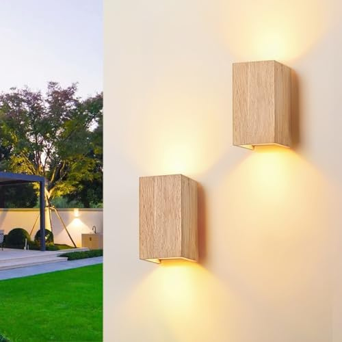 Doughelec Aplique pared Interior LED Madera, Redonda Lámpara de LED Luz Aplique pared Vintage Blanco Cálido 3000K 2X 5W GU10 Reemplazable Iluminación para Dormitorio Pasillo Patio Terraza, 18CM 2PCS