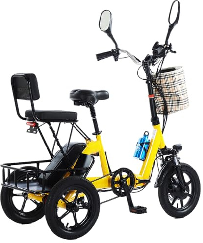 pedenencelia Triciclo Elettrico Pieghevole per Adulti,Triciclo Elettrico A Tre Ruote da 14 Pollici con Sedile Passeggero/Cestino Grande,Bicicletta Pieghevole,Batteria 48 V,Carico di 135 kg Yellow