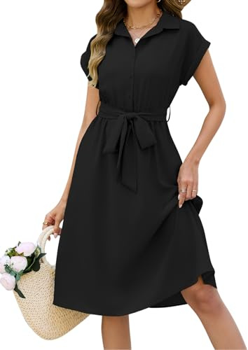 CMTOP Summer Dresses for Women Casual Short Sleeve V-Neck Midi Dresses Fashion Elegant Shirts Dress Solid Color with Pockets (Black, L)