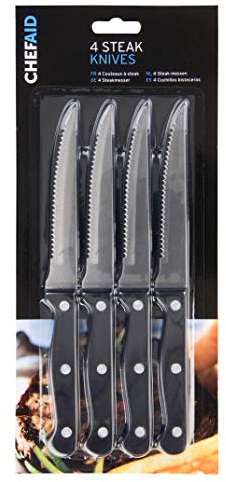 Chef Aid Stainless Steel Serrated Steak Knife Set, Set of 4 Durable Multipurpose Kitchen Knives with Comfort Grip, Ergonomic - Non-Slip, Rust Resistant, Sharp Dinner Table Knife Set, Black