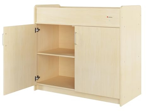 Foundations SafeSwing Daycare Changing Table, Formerly SafetyCraft - Durable Wood Cabinet with 2 Built-in Shelves - Storage w/Soft Close Hinges, Includes Durable Mattress Pad - Natural