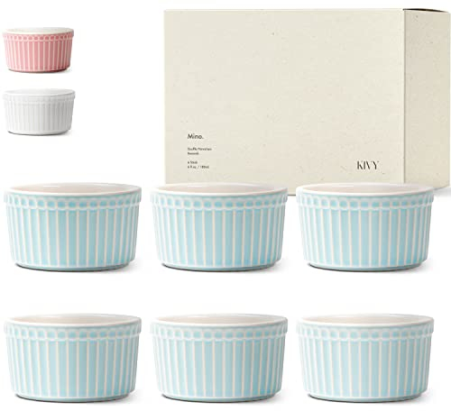 KIVY® Set de 6 Ramequins Crème Brûlée [180ml] - Moule à Pâtisserie Résistants pour la Cuisson Four – Ramequin Soufflé Résistants Bleu – Petits Plats Ronds – Ramequins Four en Céramique