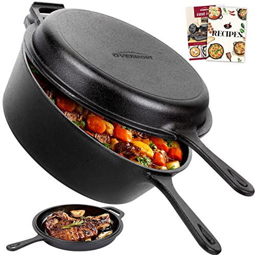 Overmont Cast Iron Skillet with Lid - 2-in-1 Cast Iron Dutch Oven - 3.2QT Deep Pot with Frying Pan - Pre-seasoned Cookware Multi Cooker Skillet - Dutch Oven Pot with Recipe for Grill Induction Stovetop Camping(10.5)