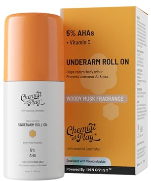 Chemist at Play UnderArm Roll-On with 5% AHA| Lactic & Mandelic Acid|Prevents Odour, Brightens Skin & Exfoliates Underarm| For Sensitive Skin|Woody Musk Fragrance| Alcohol & Aluminium Free| 40 ml